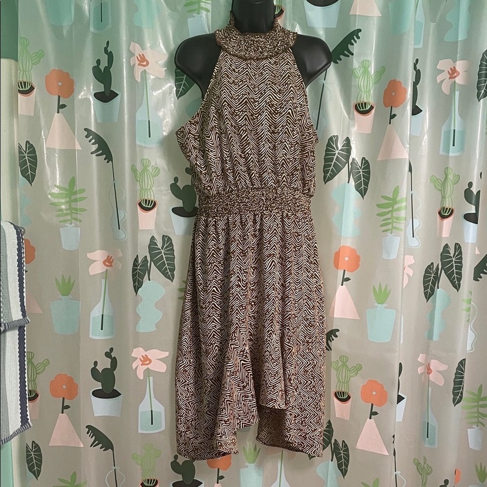 High-Neck Brown Printed High-Low Dress